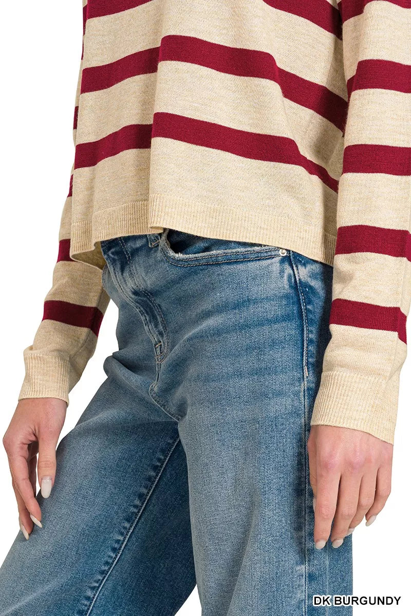 Striped wool blend sweater styled look