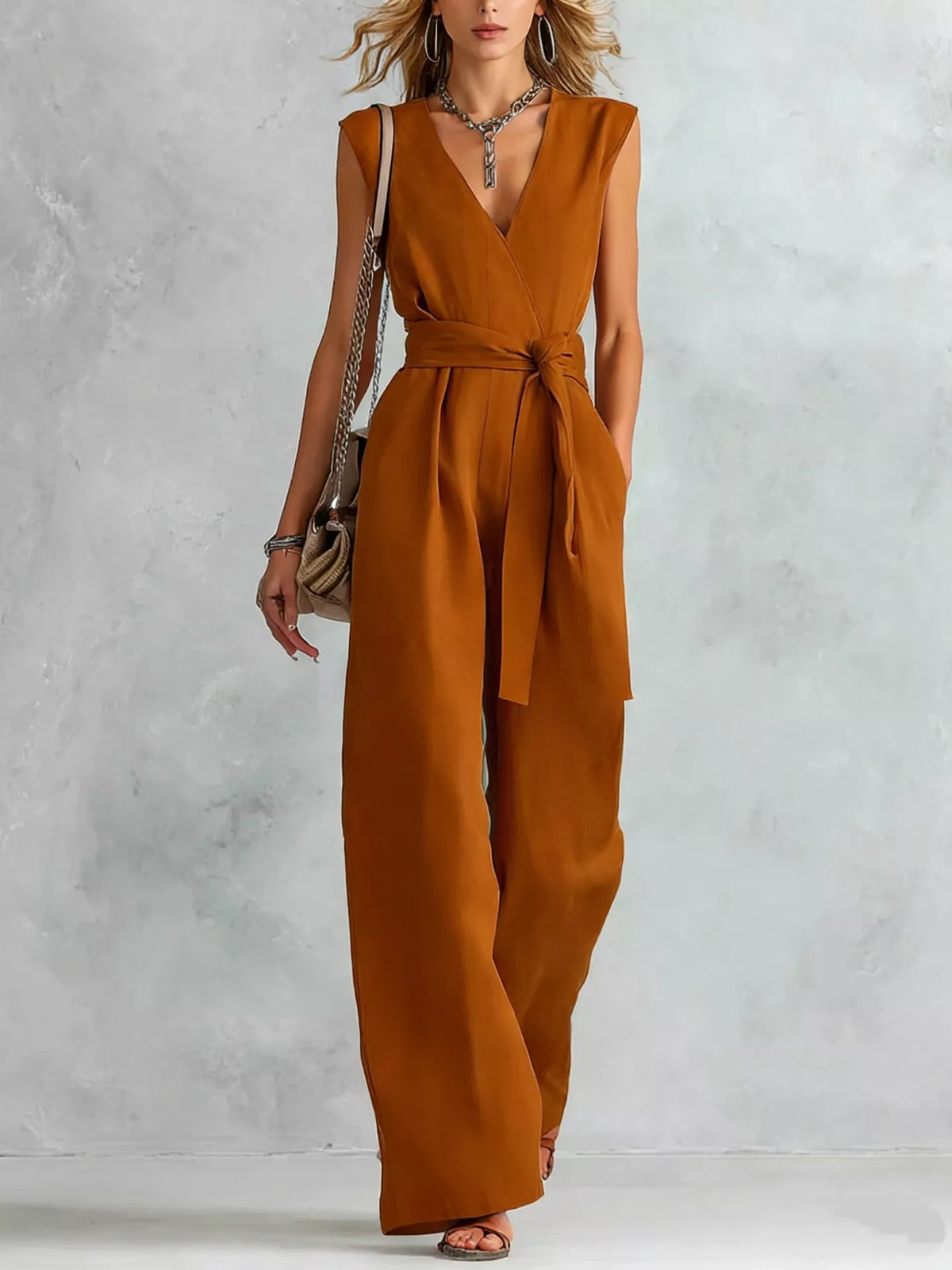 Neckline and shoulder detail on sleeveless jumpsuit