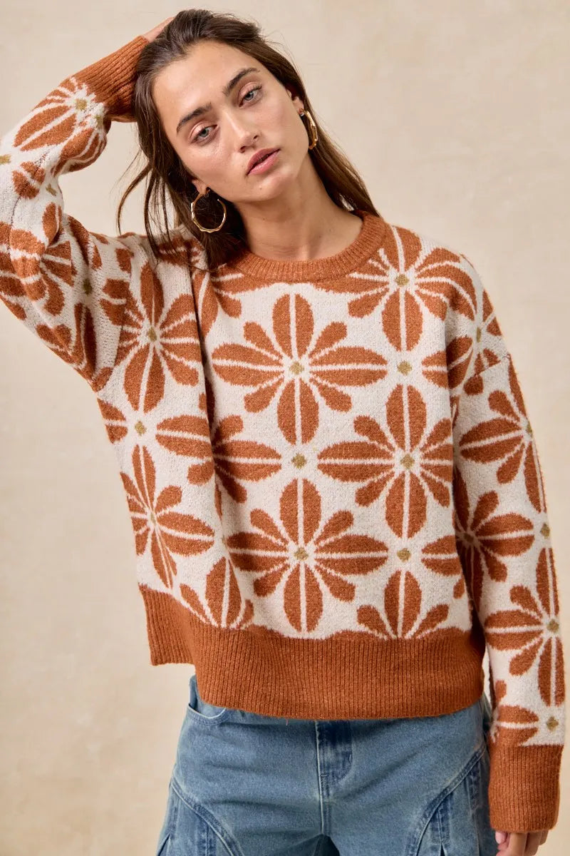 Floral Pattern Long Sleeve Sweater in Rust and Ivory detail