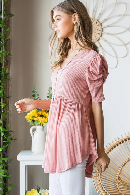 Heimish Full Size Waffle Knit V-Neck Babydoll Top - Fashorio