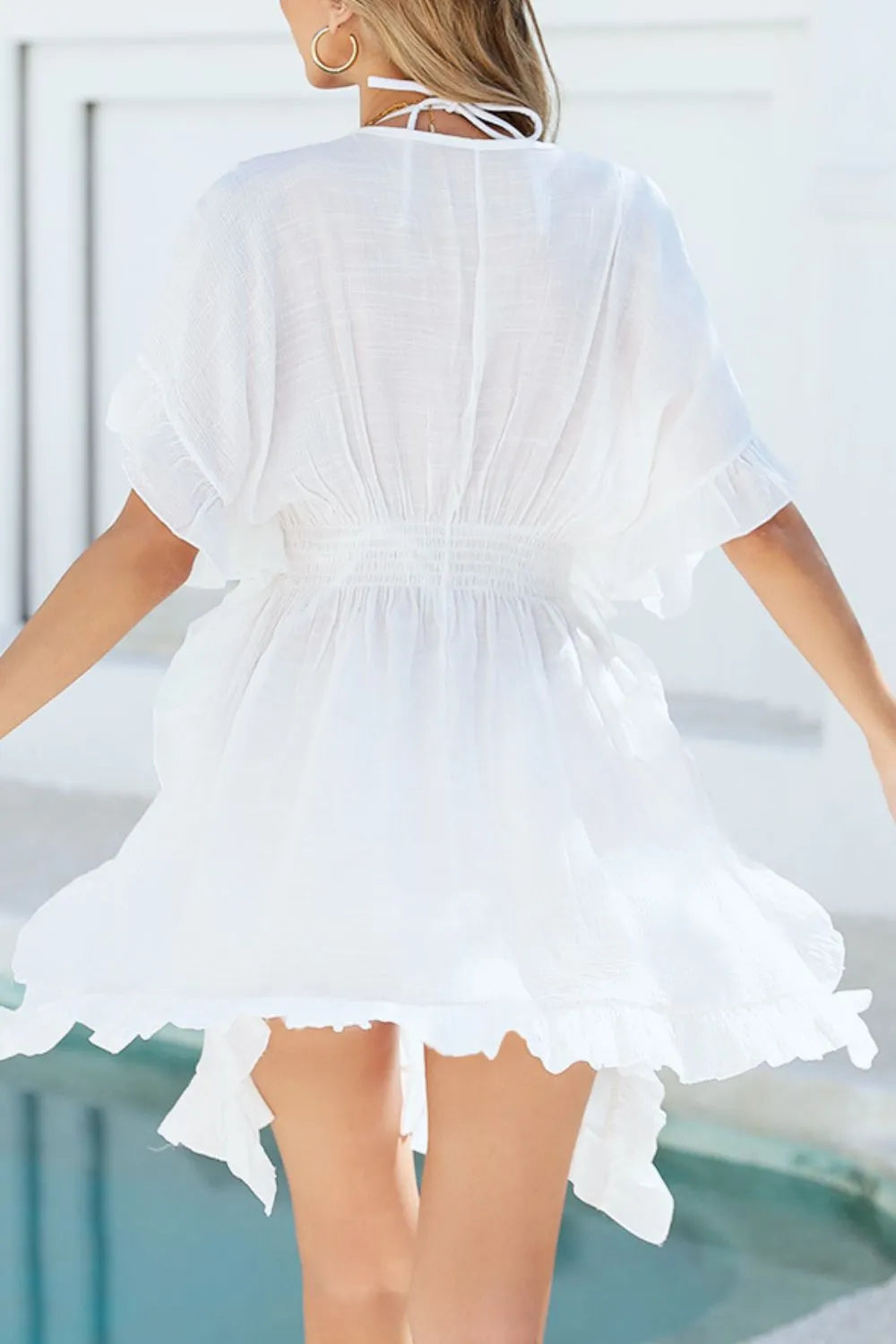Ruffled Smocked Waist V-Neck Cover-Up - Fashorio
