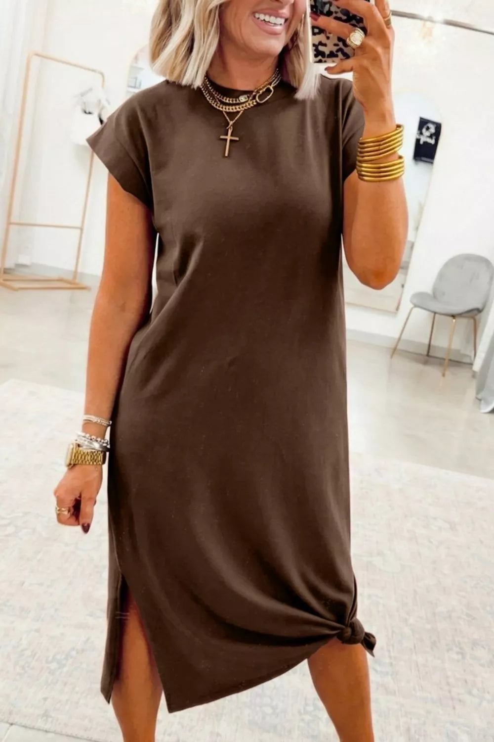 Dark brown slit T shirt dress front view