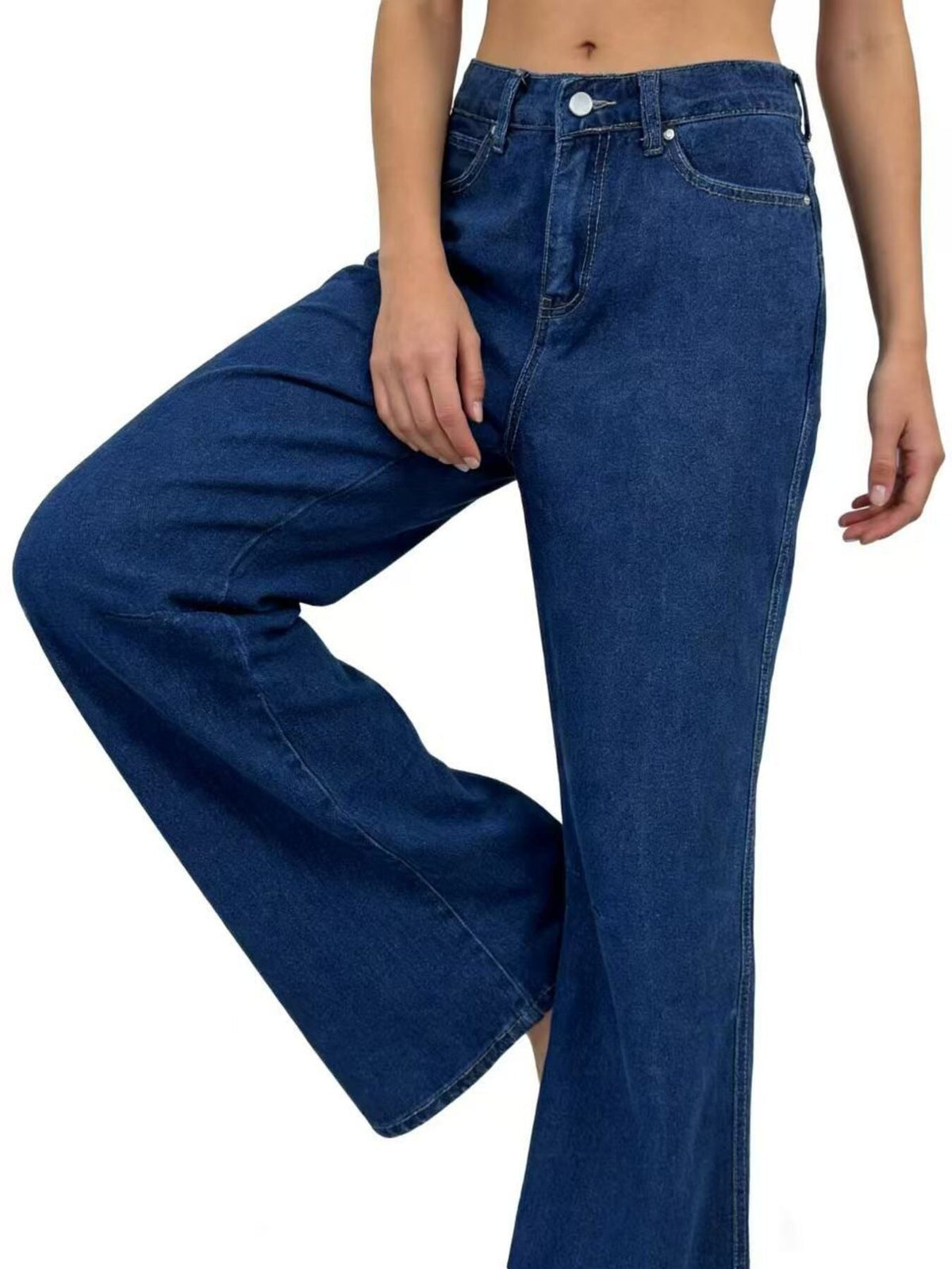 Dark wash wide leg denim jeans side view
