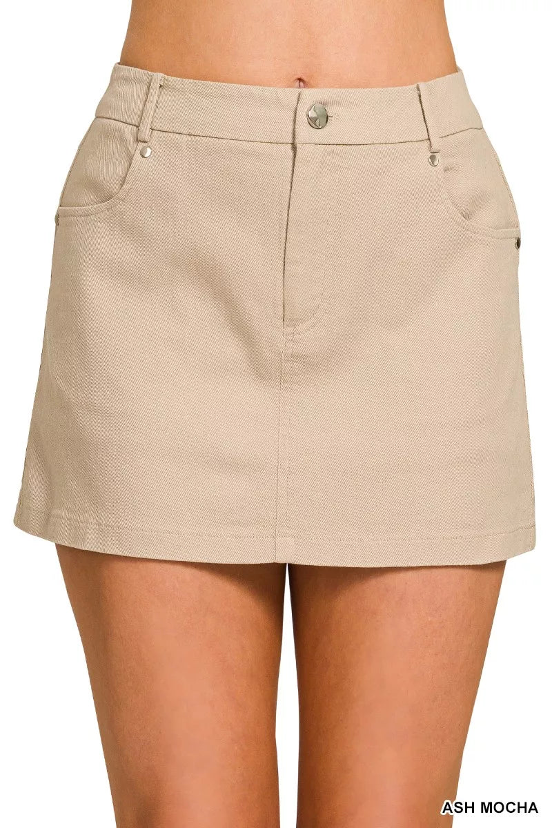 Ash mocha cotton twill mini skirt front view