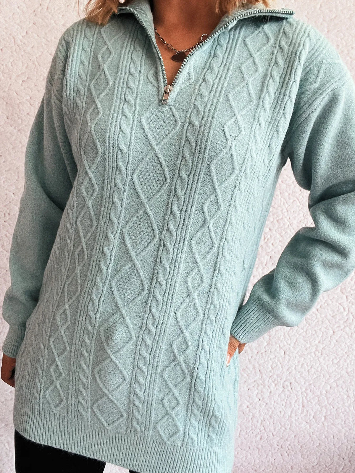 Texture zip collar long sleeve sweater, side view