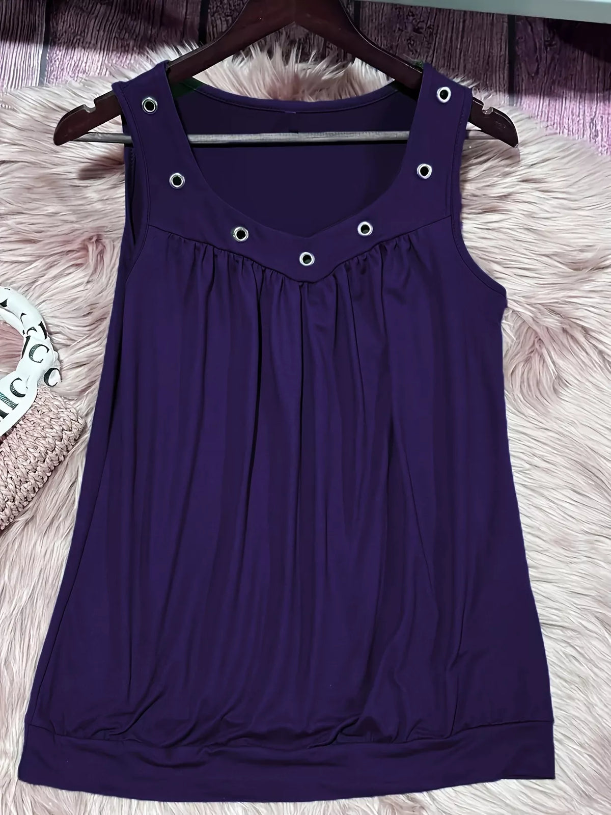Purple eyelet ruched tank detail view