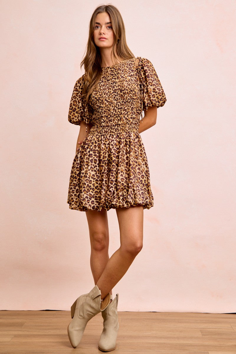 Leopard Bow Tie Attachable Puff Sleeves Dress view 15