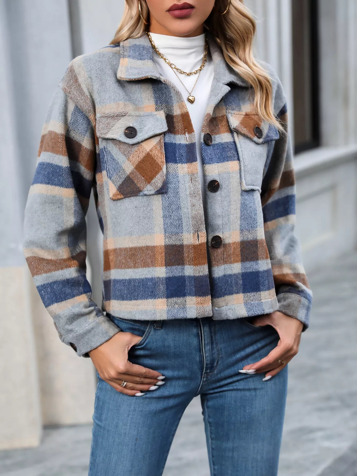 Plaid Oversized Cropped Jacket in Taupe side view
