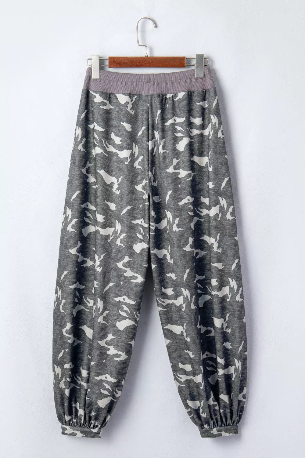 Camouflage cargo barrel pants full length view