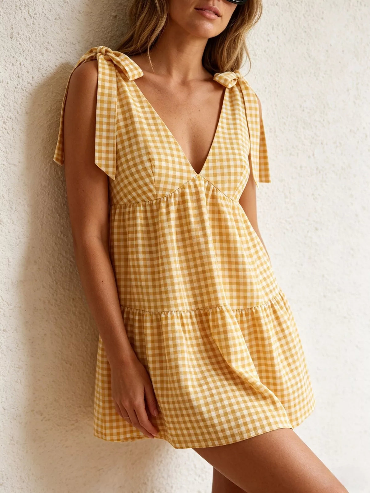 Yellow gingham tie shoulder mini dress side view