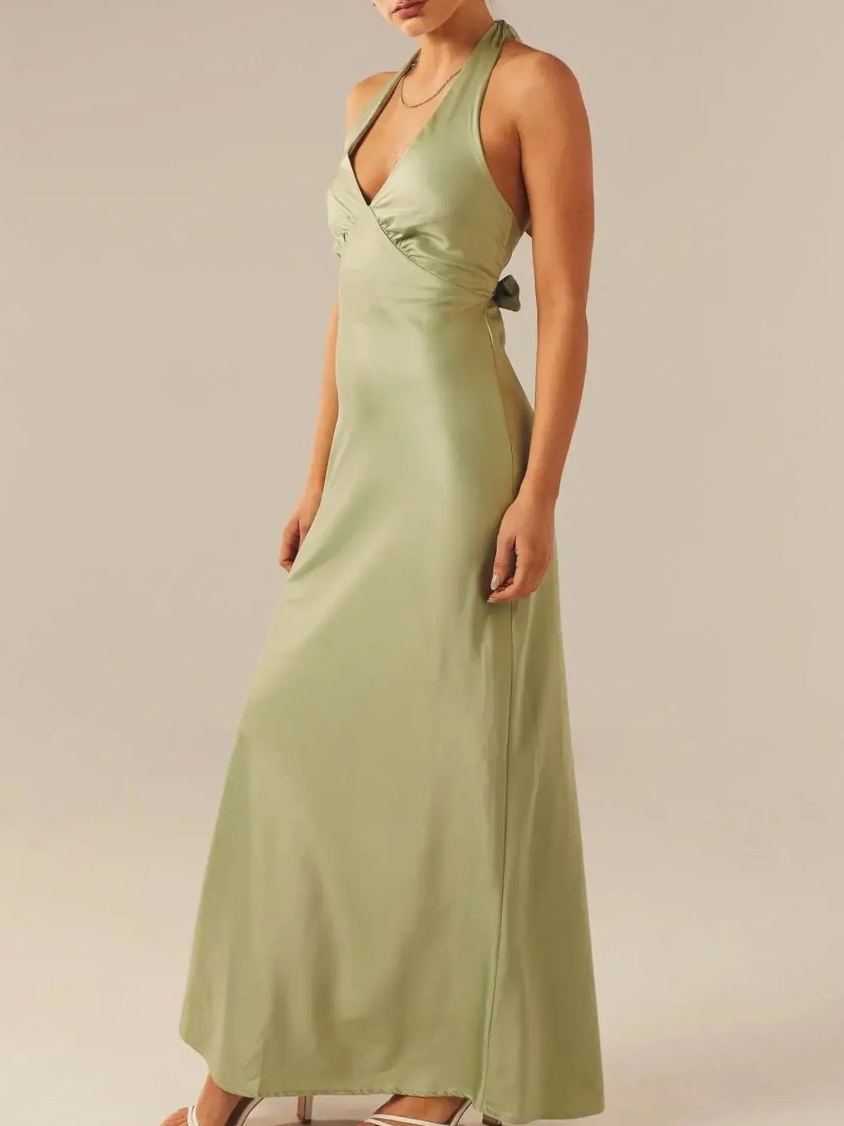 Halter neck wrap maxi dress with tie detail front view