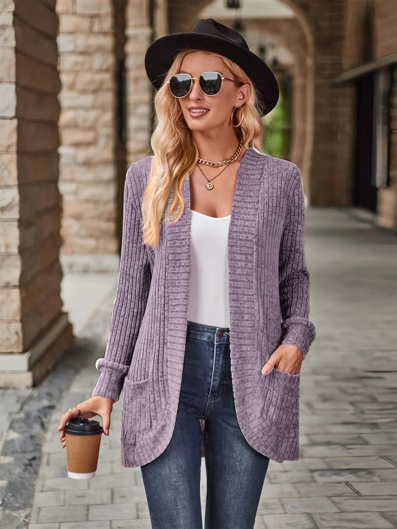 Ribbed Open Front Long Cardigan with Pockets Lavender - Fashorio
