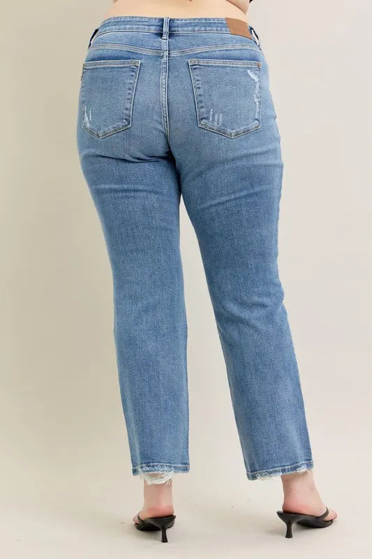 Judy Blue Full Size Mid Rise Wash Destroy Hem Bootcut Jeans Plus Size - Fashorio