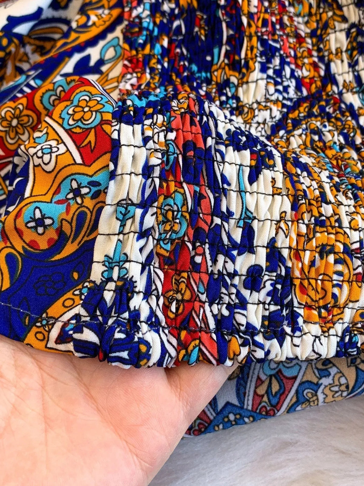 Printed two piece pants set outfit close up