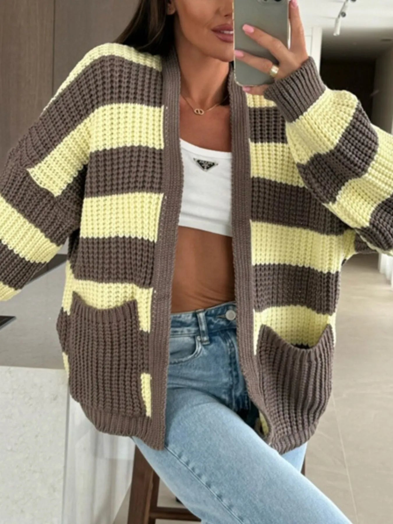 Striped Open Front Long Sleeve Cardigan Yellow - Fashorio