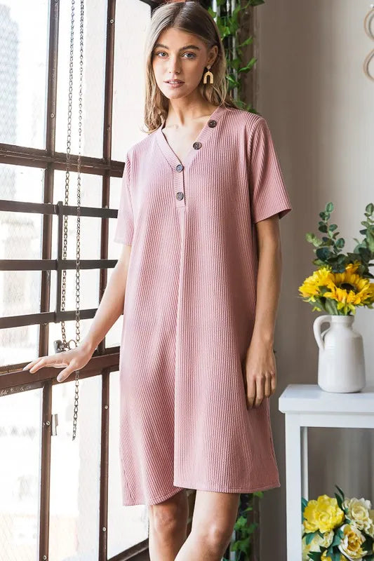 Solid Ribbed Mini Dress with Button on model