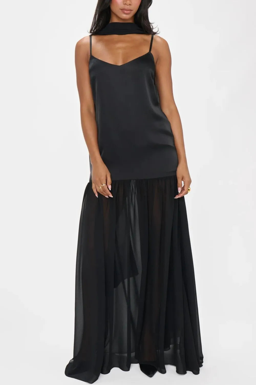 Adjustable strap maxi cami dress with matching scarf, front view