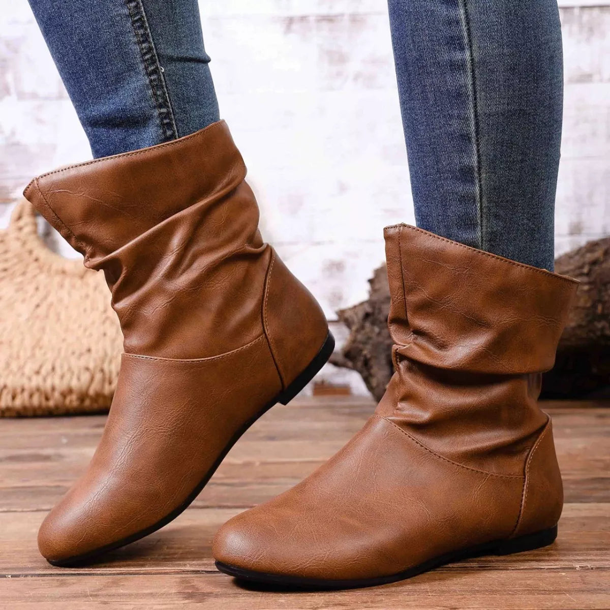 Flat Ankle Boots with Wrinkled Design angled view
