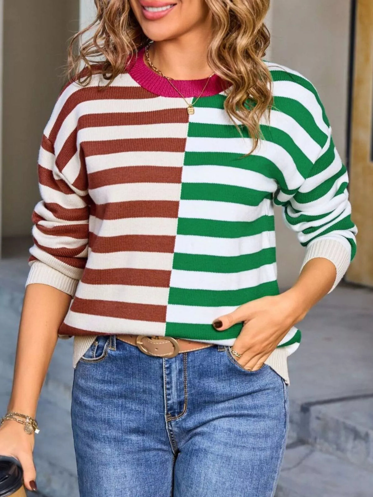 striped round neck sweater front view