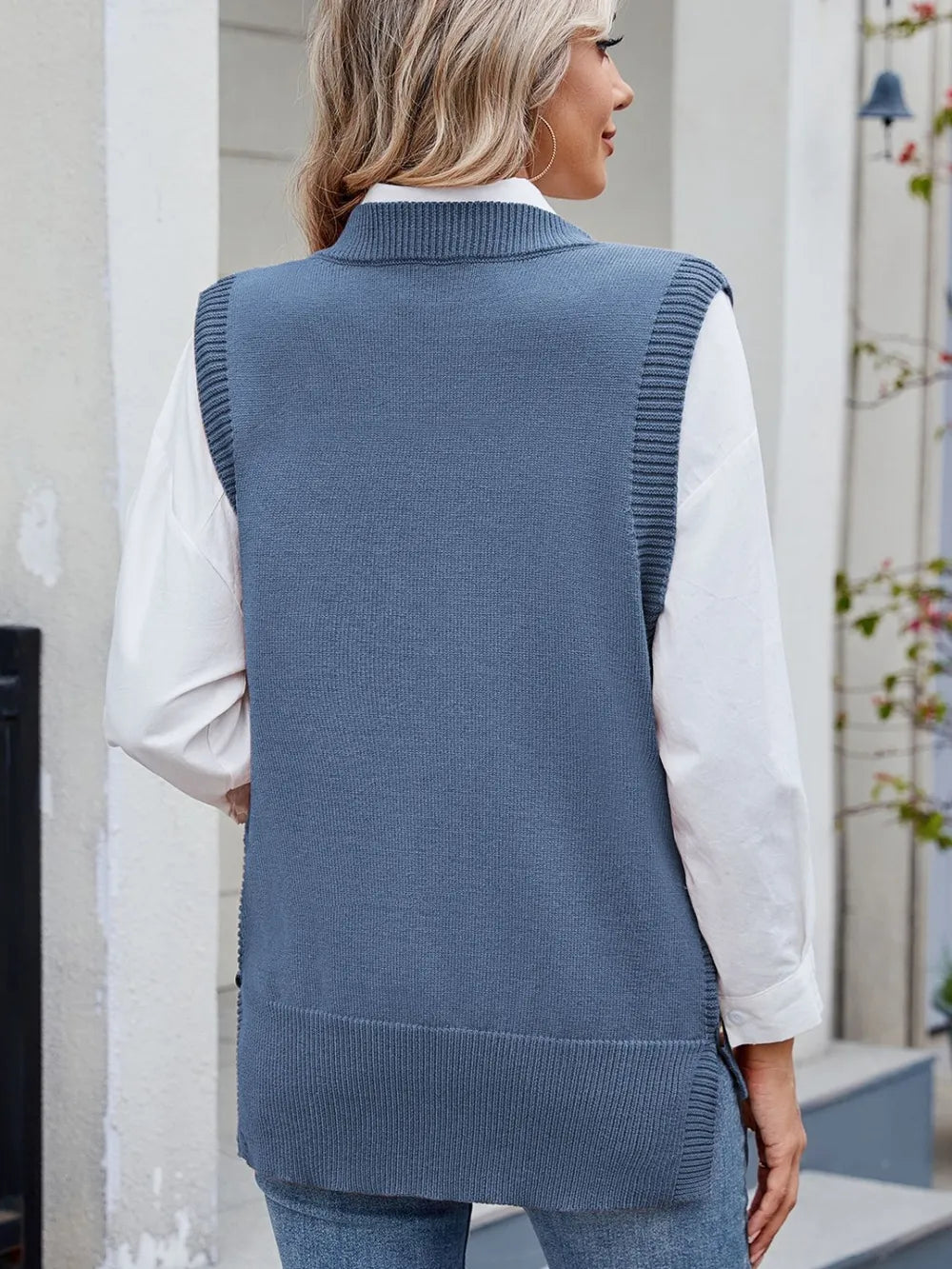 buttoned round neck sweater vest relaxed fit view