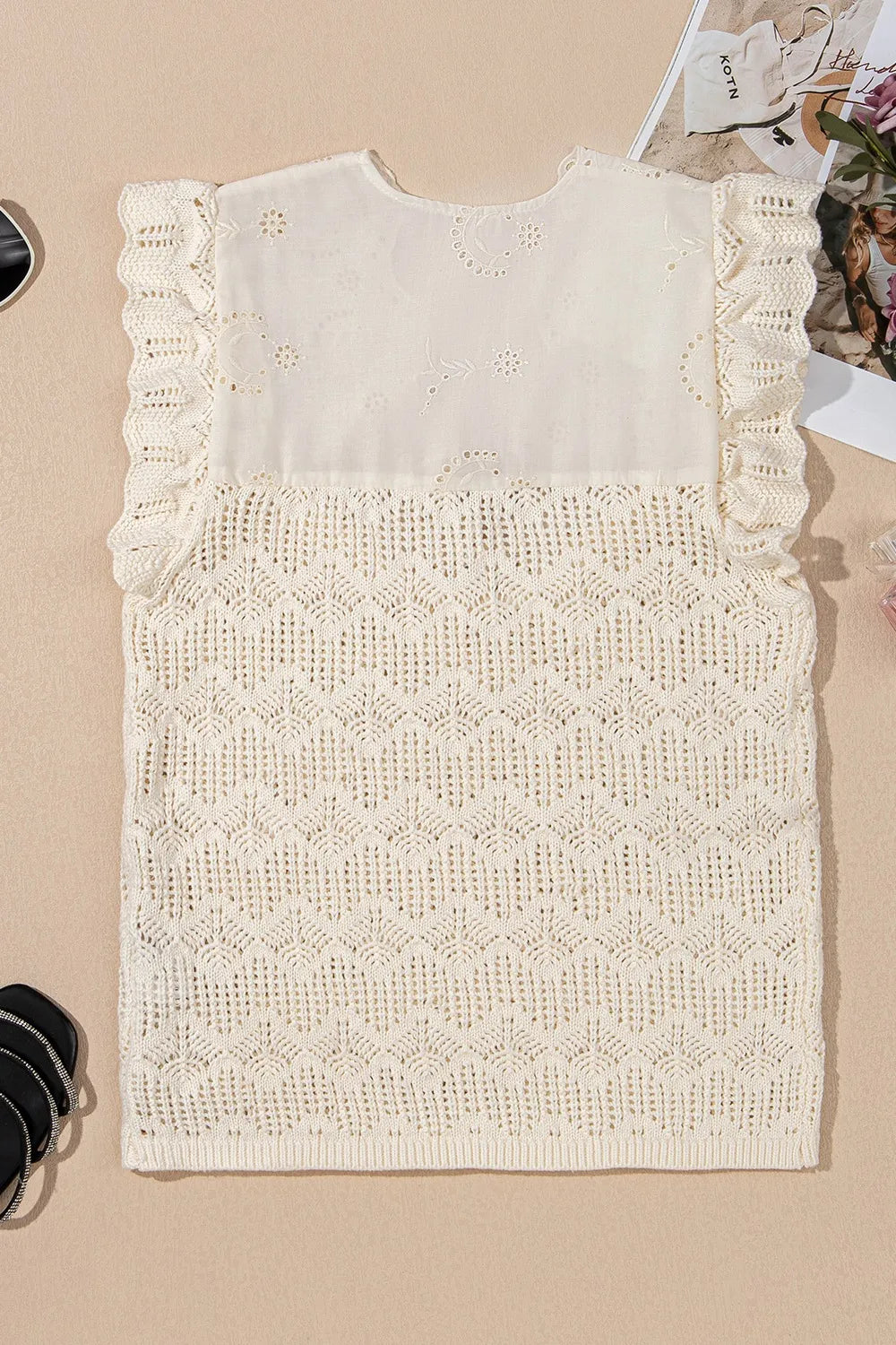 Embroidered Patchwork Openwork Ruffle Sweater Vest in Beige on model