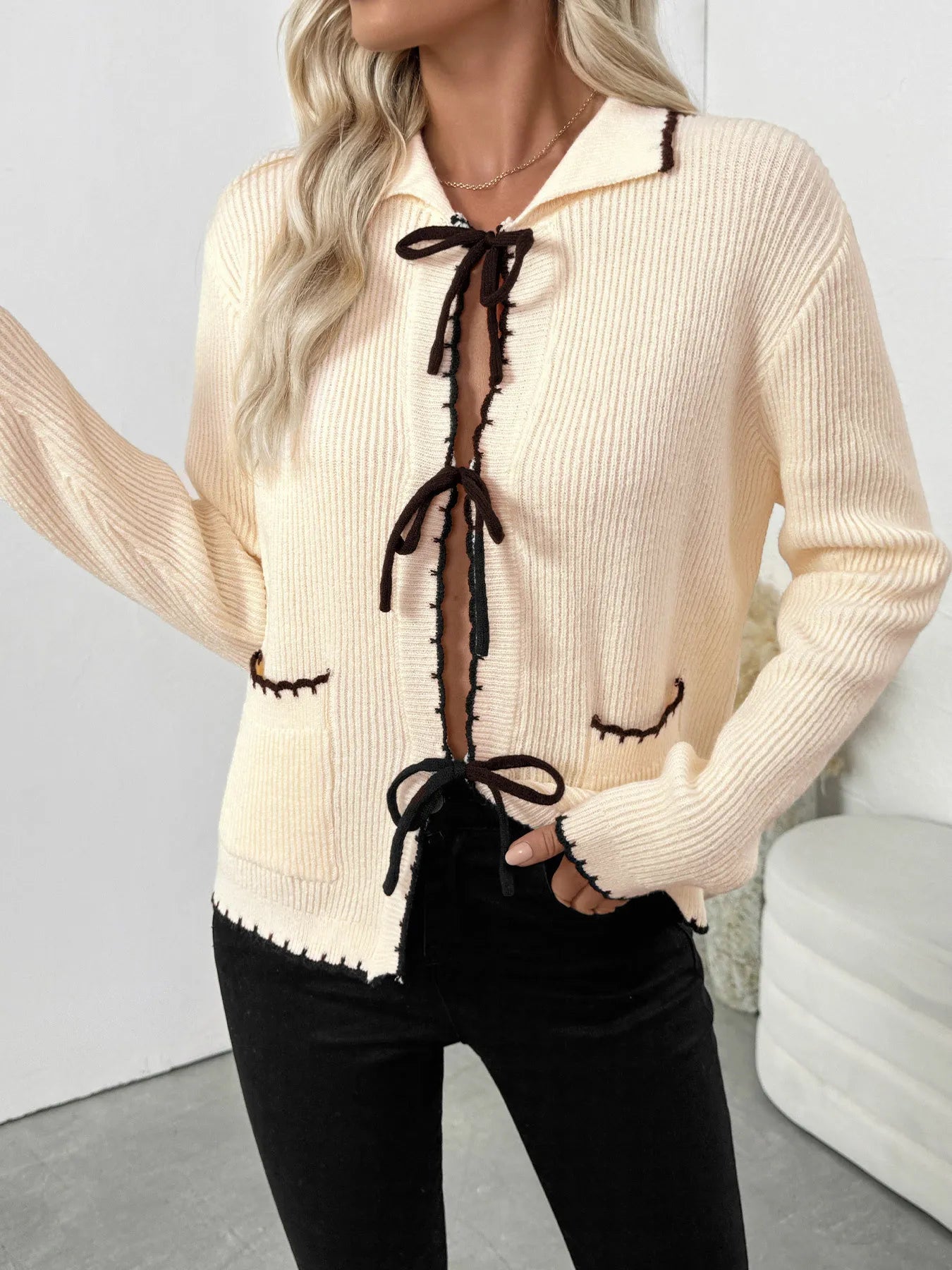 Tie Front Long Sleeve Cardigan - Fashorio