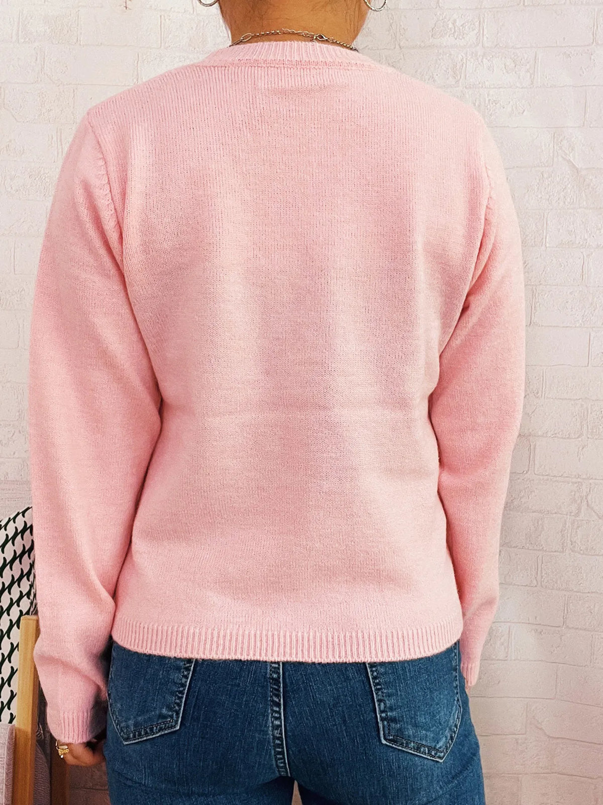 floral contrast round neck sweater on model