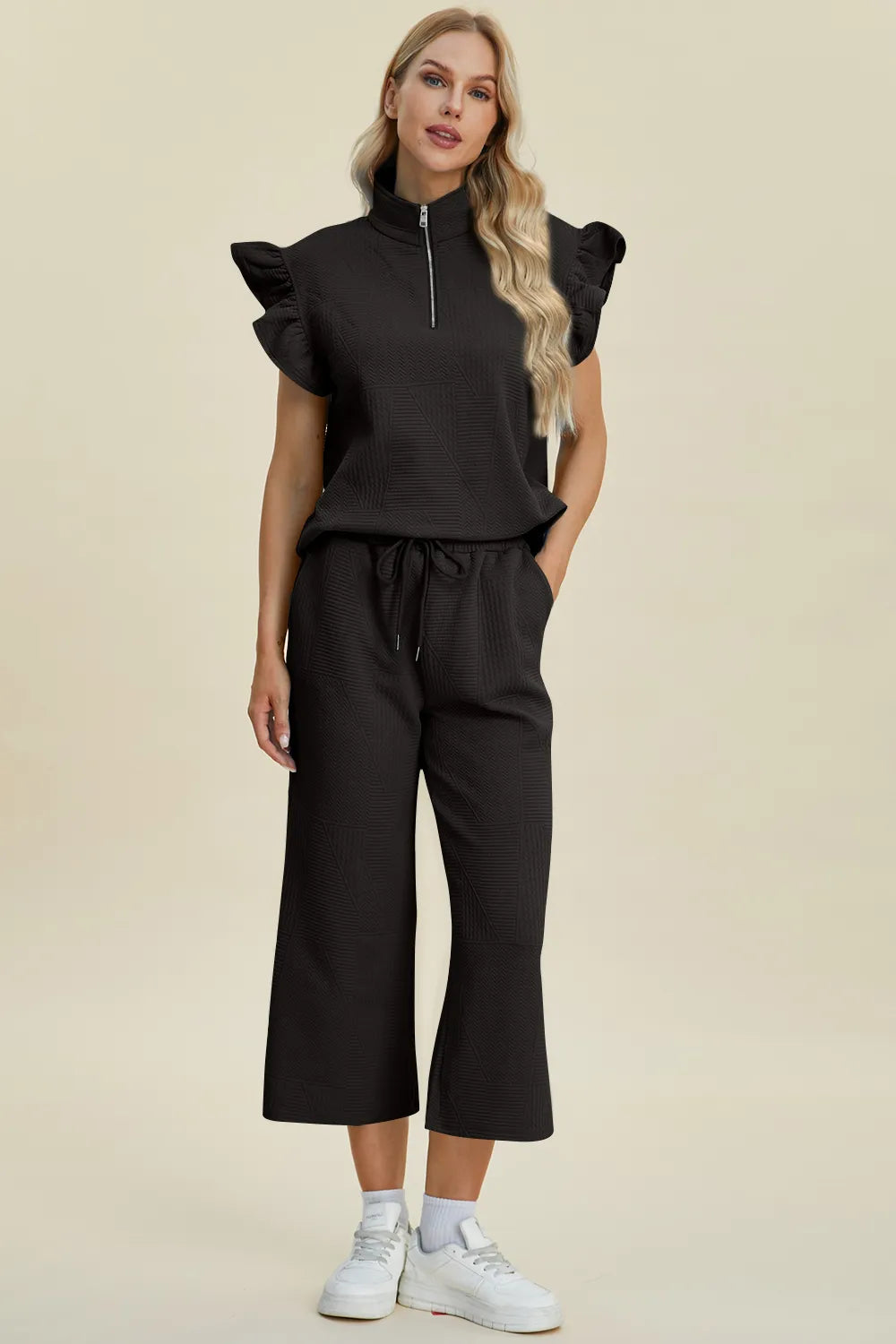 Double Take Full Size Texture Ruffle Short Sleeve Top and Wide Leg Pants Set - Fashorio