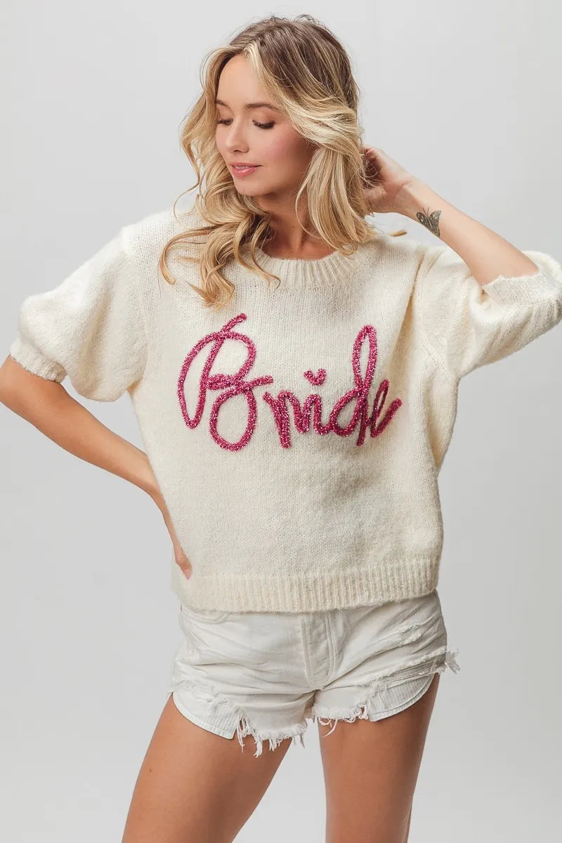 Metallic Letter Fuzzy Puff Sleeve Top in Ivory view 16