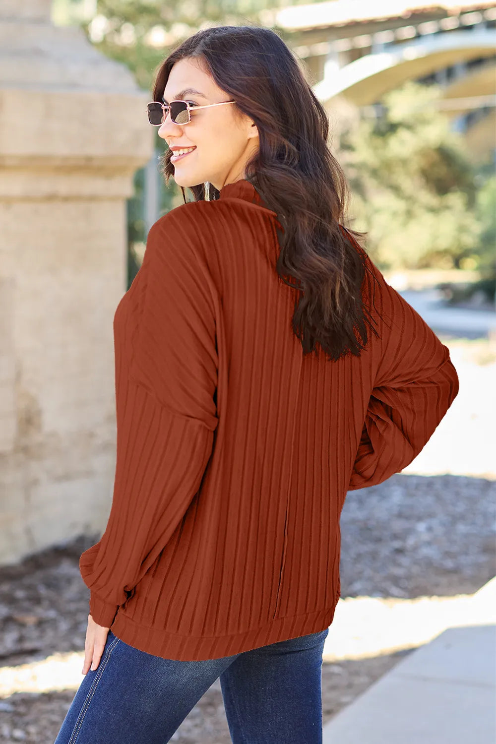 Mock neck knit top angled view