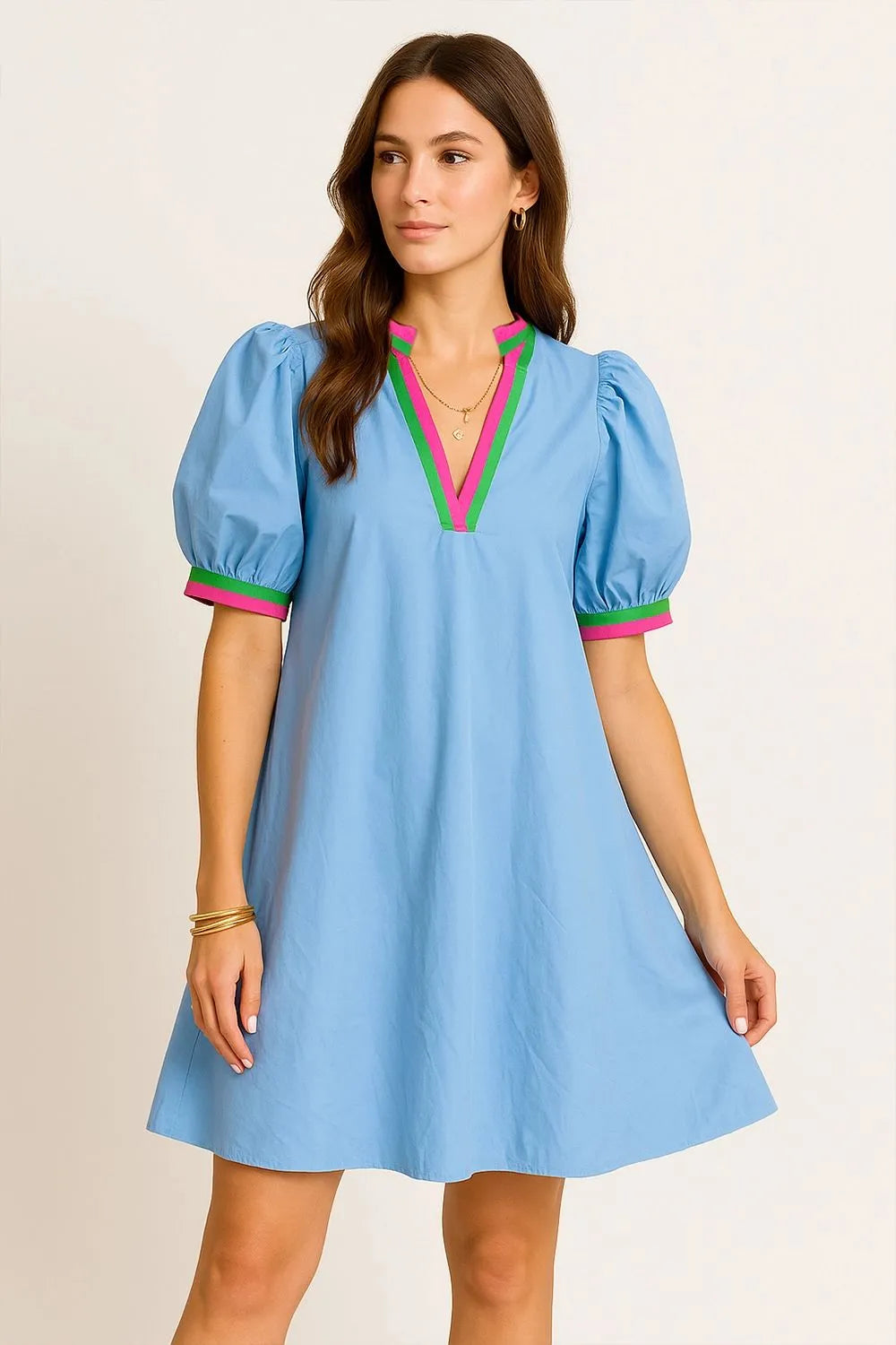 Light blue notched puff sleeve swing dress front view