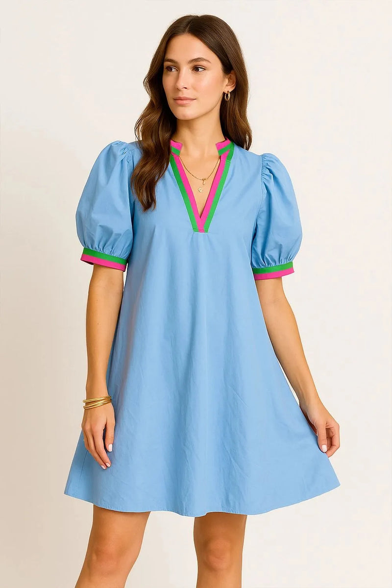 Light blue notched puff sleeve swing dress front view