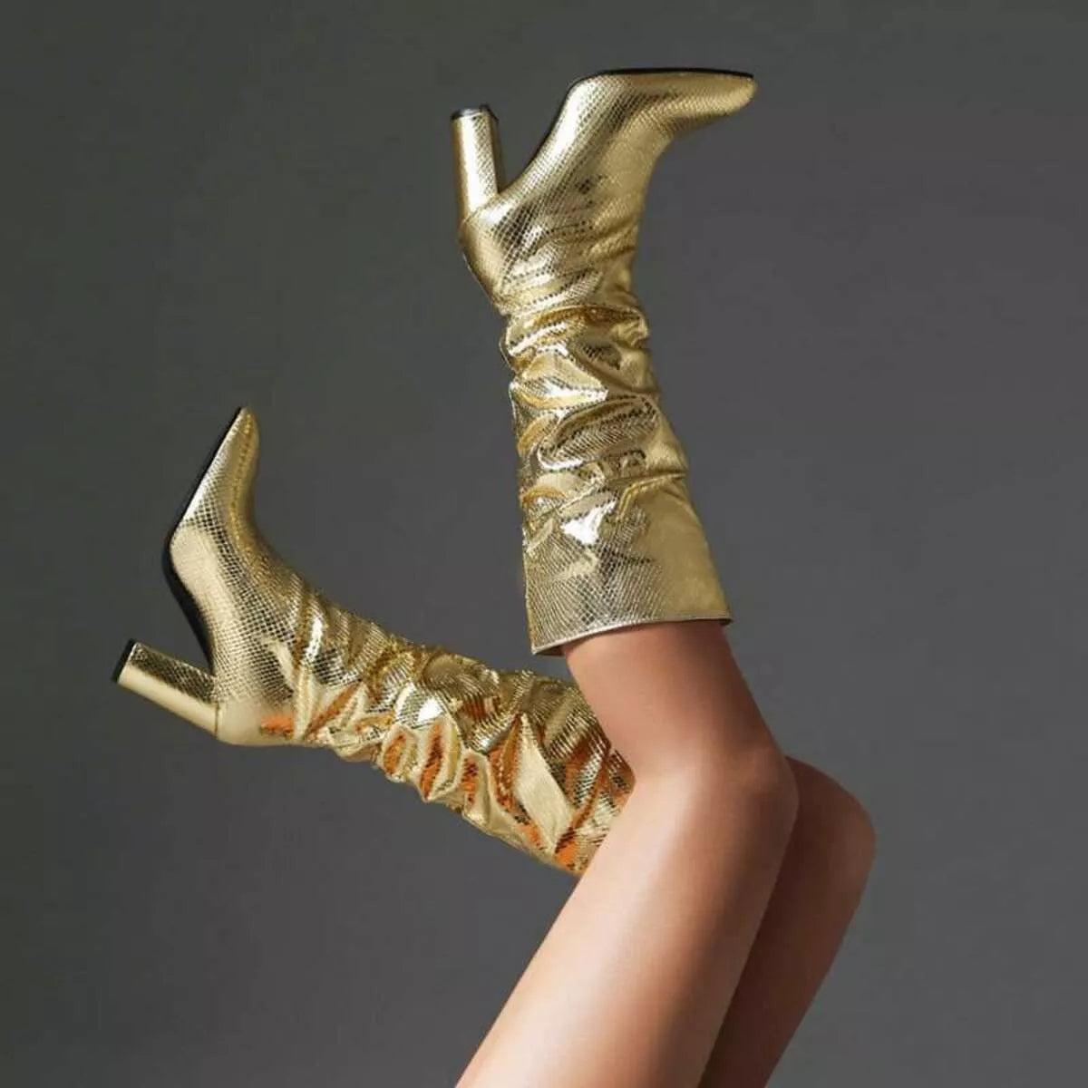 metallic point toe block heel boots side profile