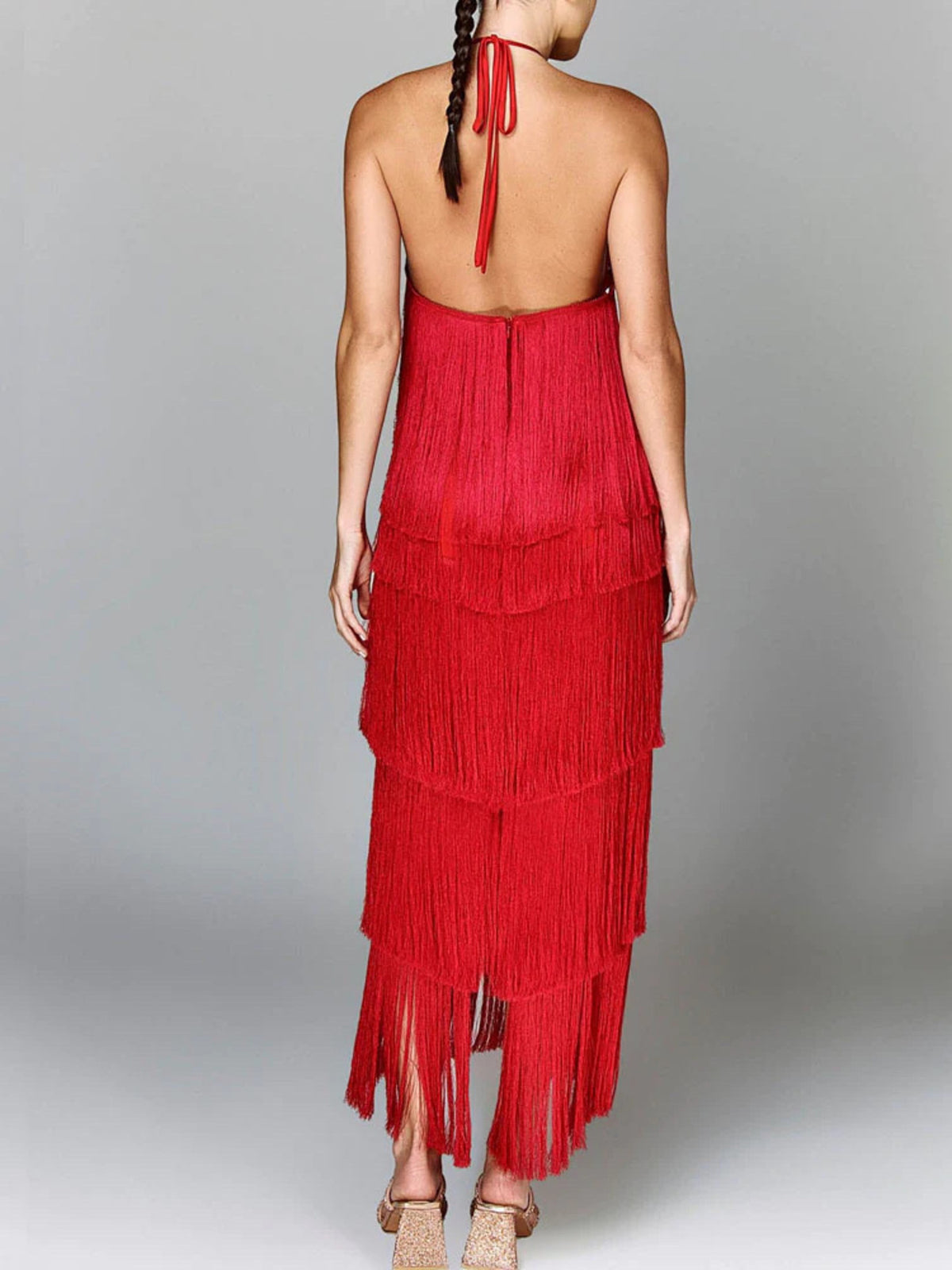 Halter neck fringe dress side movement shot