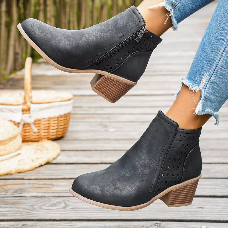 Round toe block heel boots in Black, front view