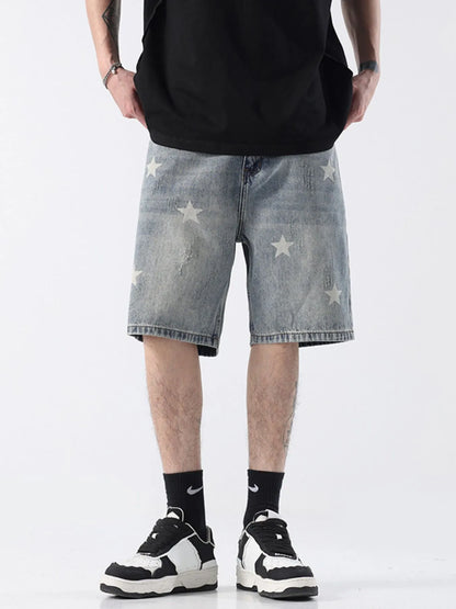 Men's Distressed Star Print Denim Shorts Blue - Fashorio
