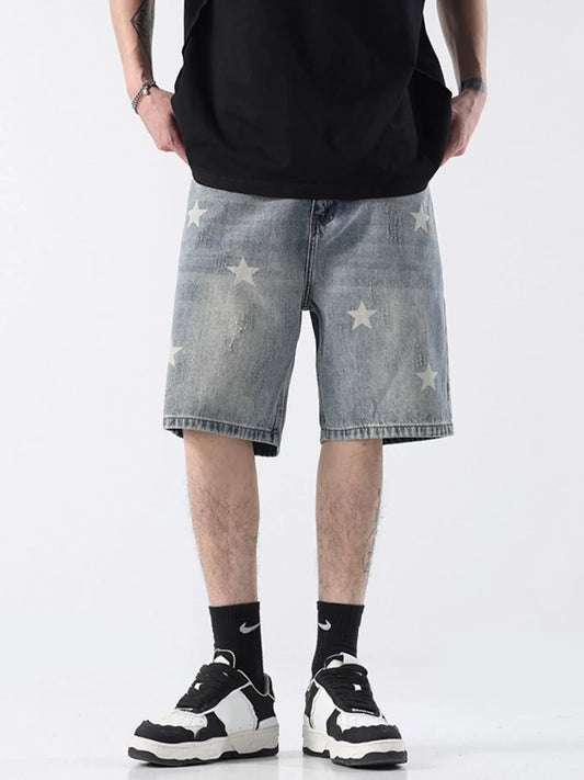 Men's Distressed Star Print Denim Shorts Blue - Fashorio