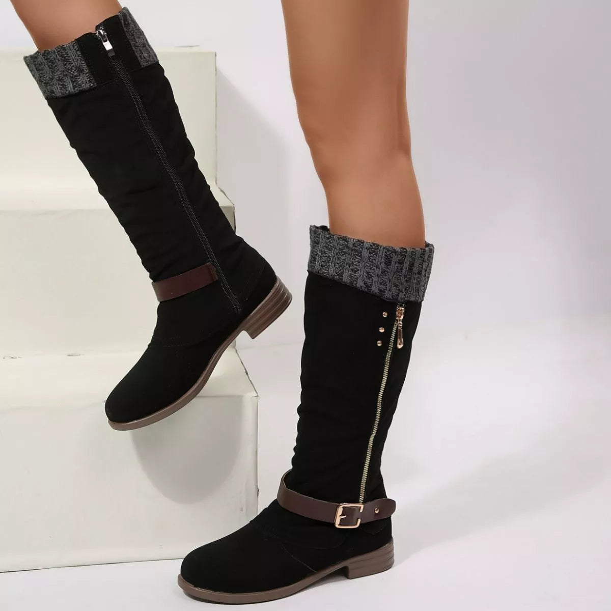 Black round toe block heels boots heel detail