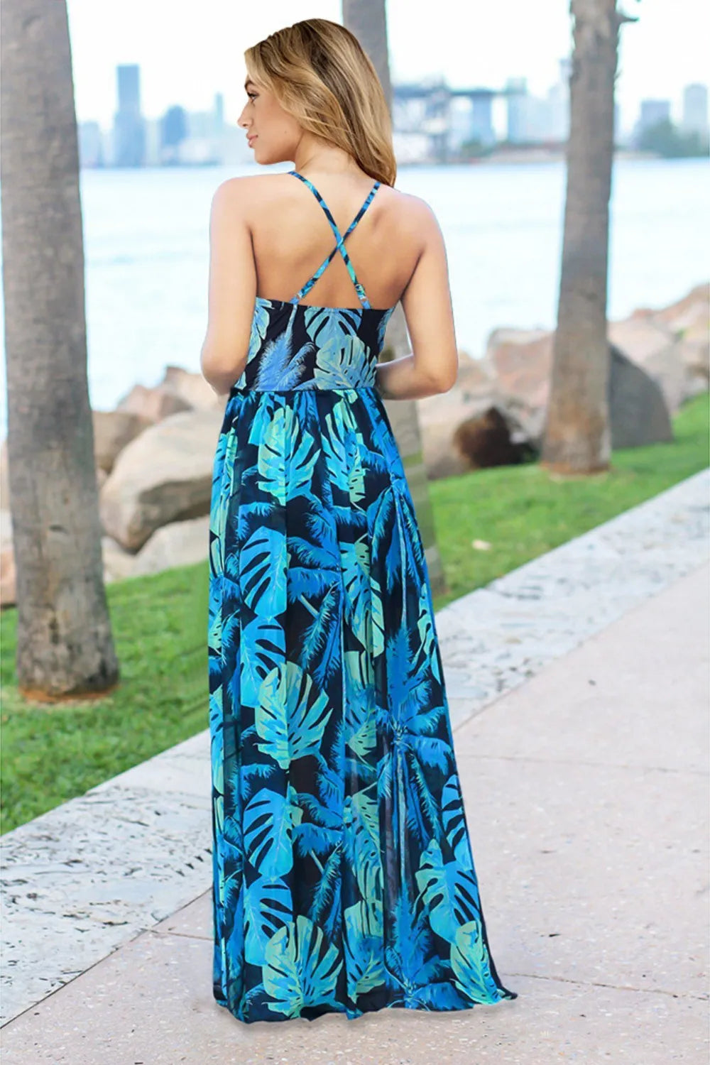 Printed surplice cami maxi dress three quarter view