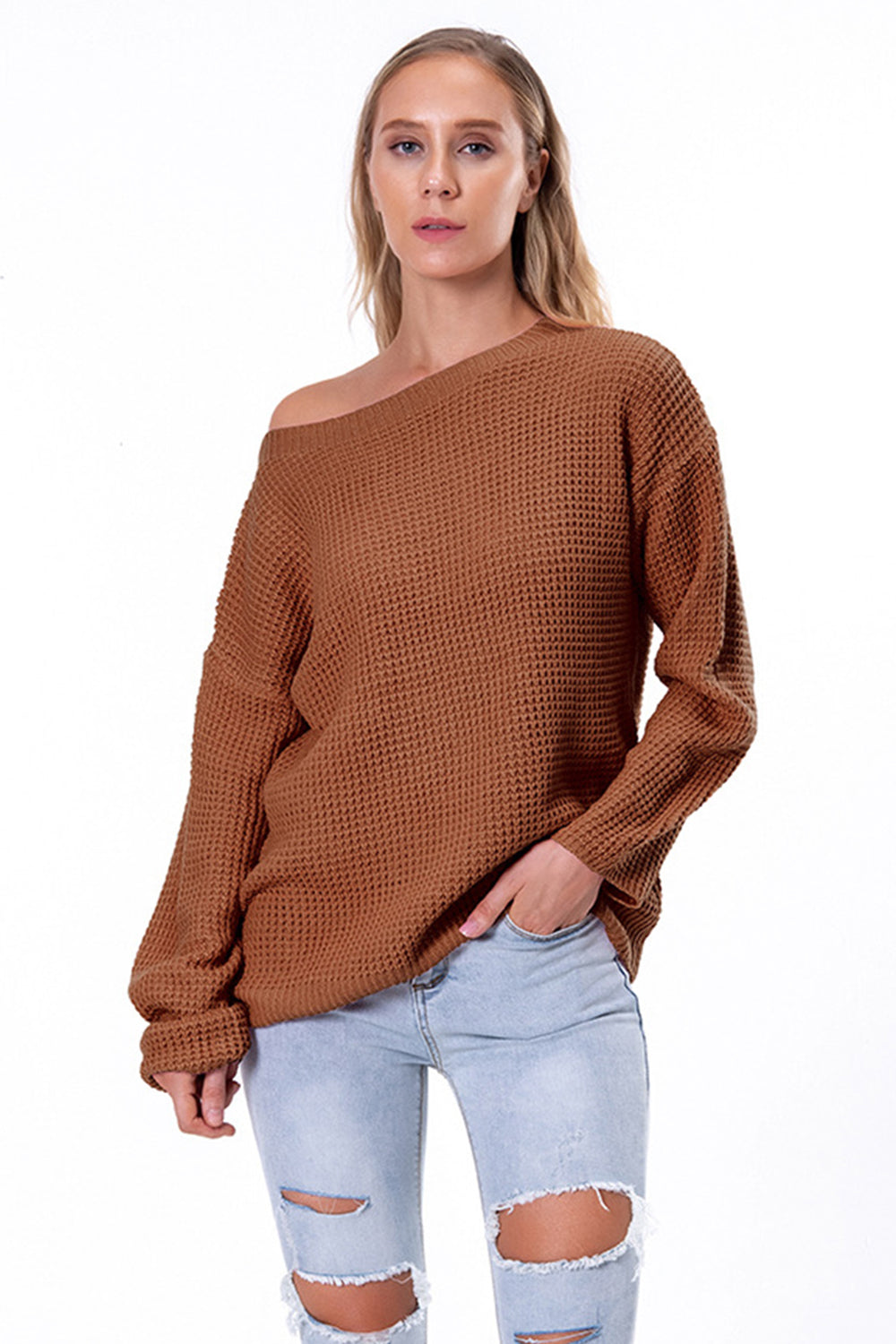 Boat Neck Drop Shoulder Long Sleeve Sweater Chestnut - Fashorio
