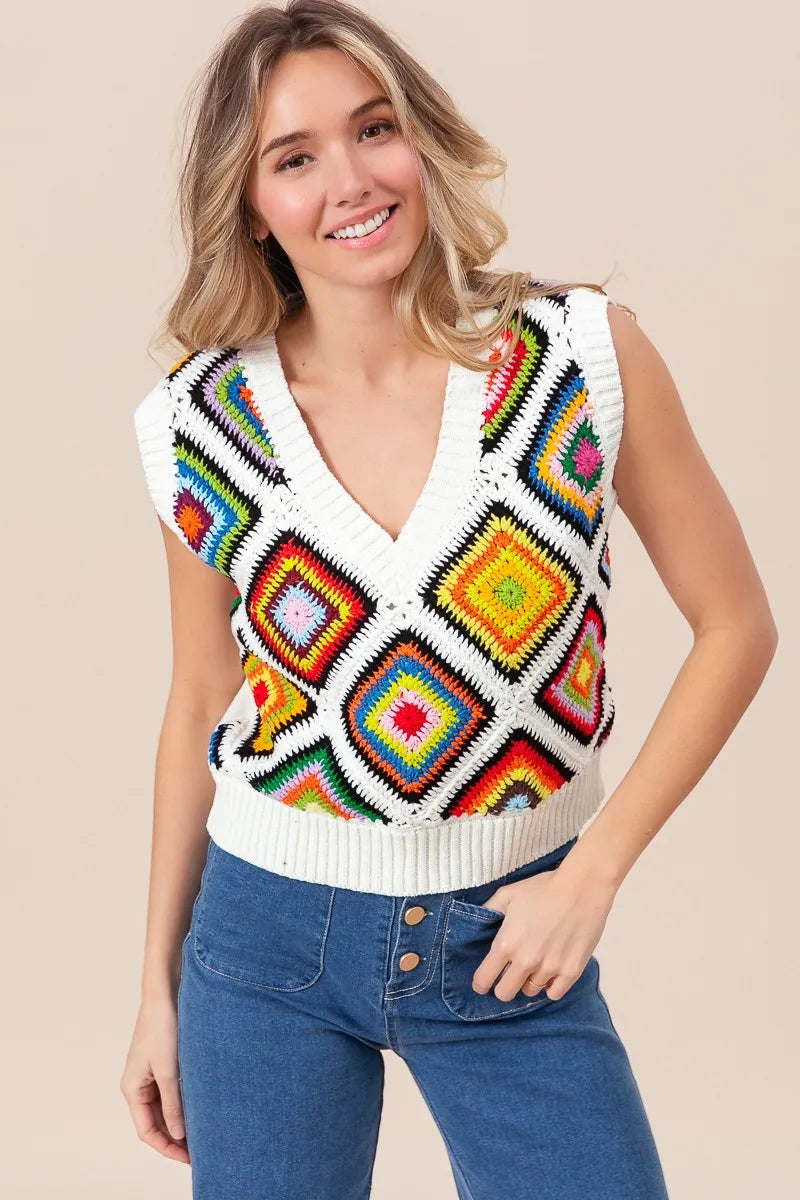 BiBi Diamond Granny Square Sweater Vest - Fashorio