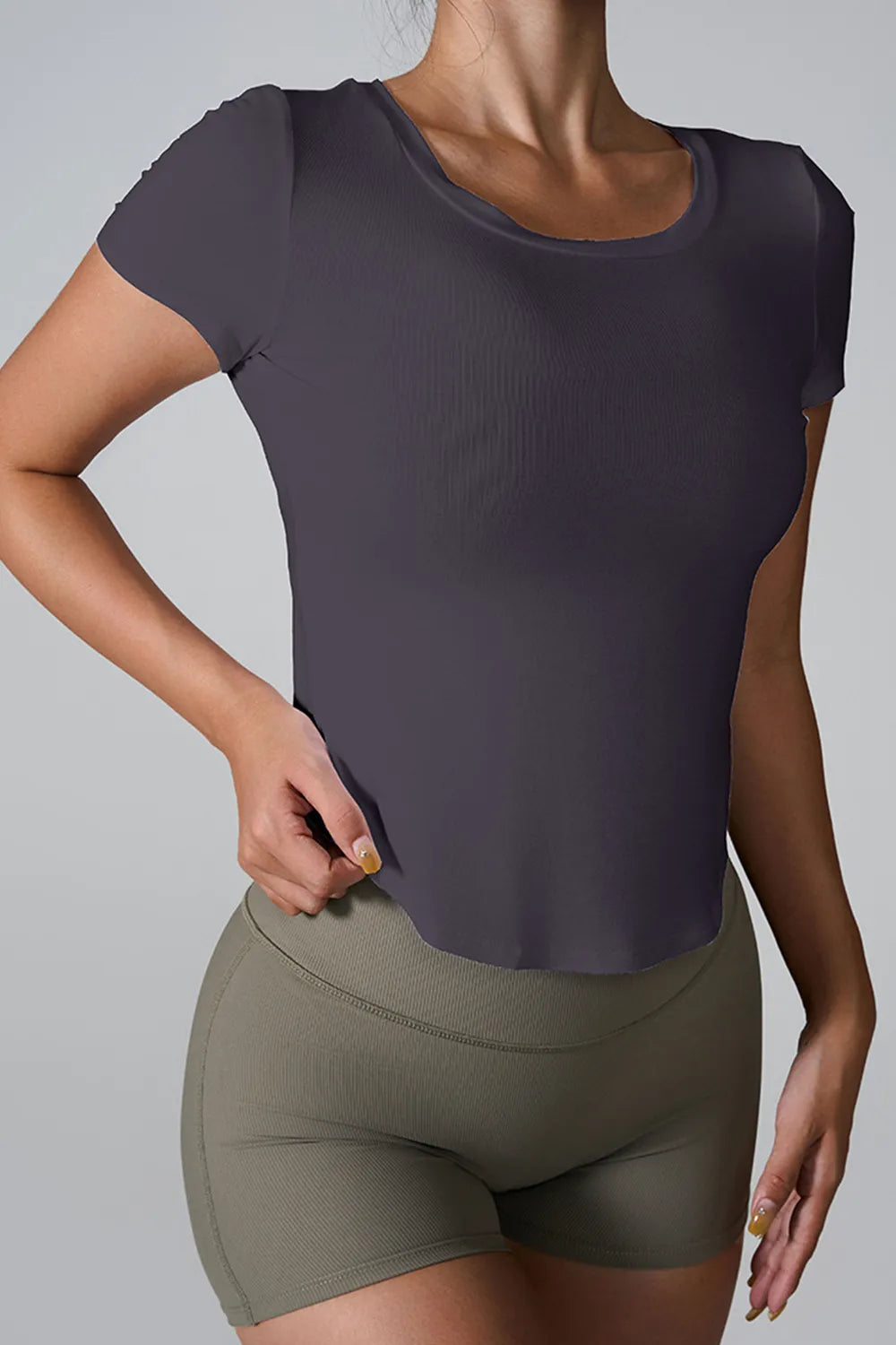 Cutout Round Neck Short Sleeve Active T-Shirt Dark Gray - Fashorio