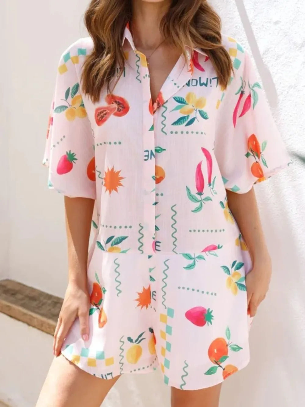 Printed collared neck half sleeve romper front view