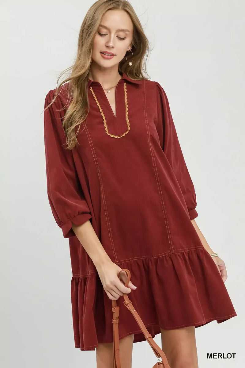 Umgee merlot corduroy tiered babydoll dress front view