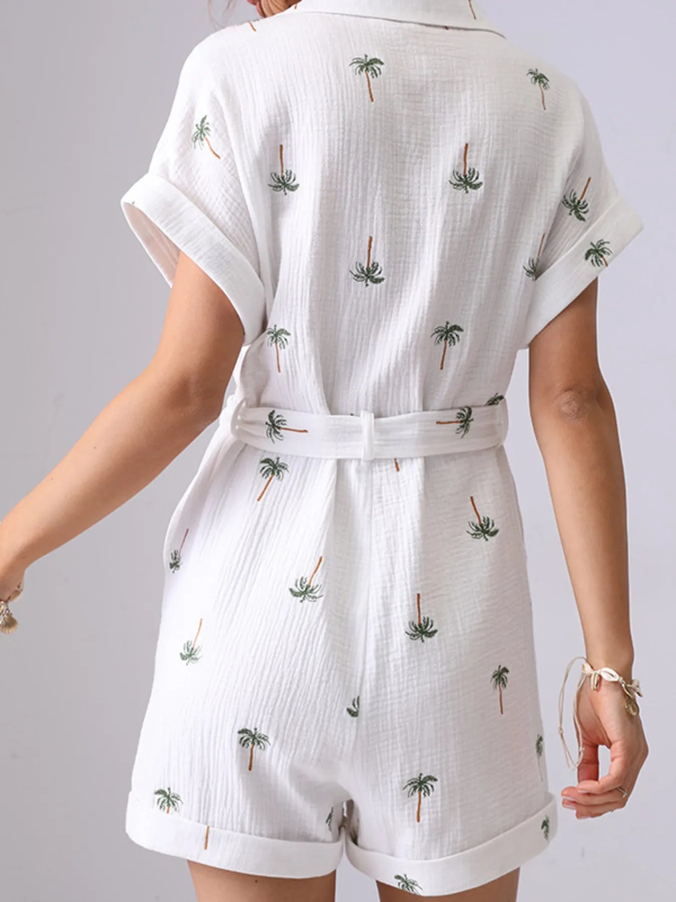 Palm Tree Print Short Sleeve Button-Up Romper with Belt - Fashorio