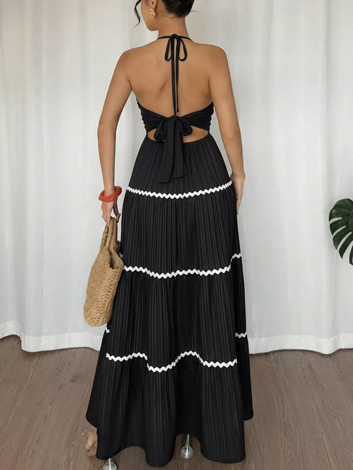 black halter neck pleated maxi dress full length view