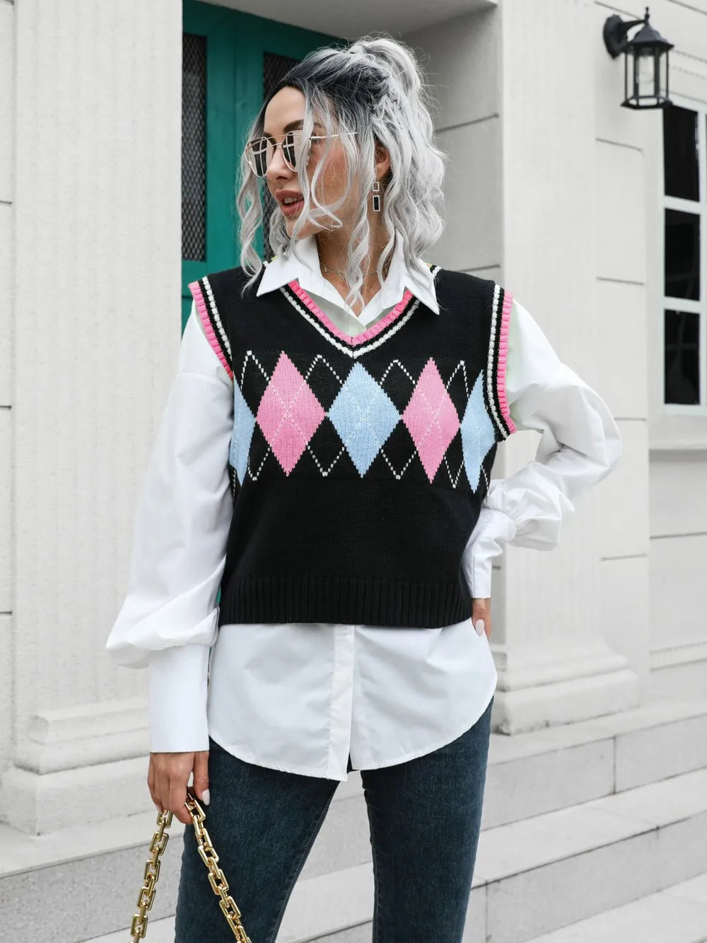 Geometric V-Neck Sweater Vest - Fashorio