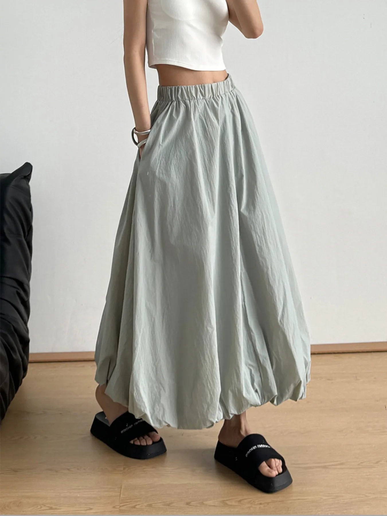 Elastic Waist Bubble Hem Maxi Skirt - Fashorio