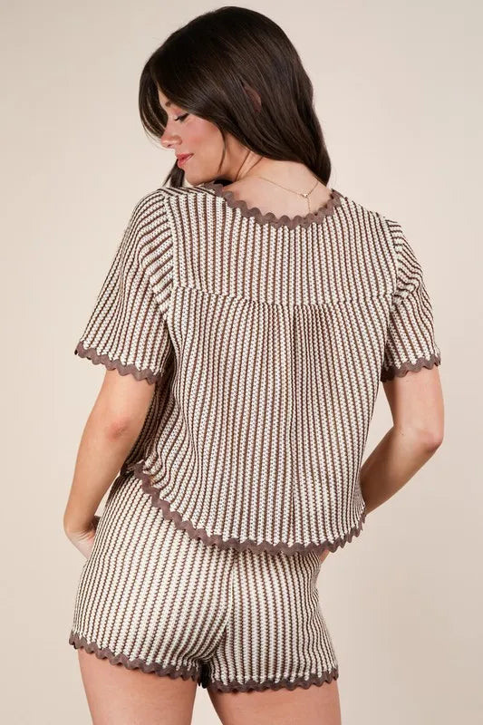 VERY J Wave Trim Detail Knit Top & Shorts Set - Fashorio