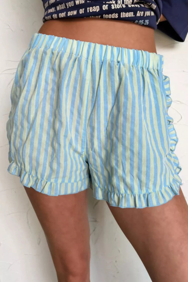 Striped elastic waist shorts in turquoise, front view